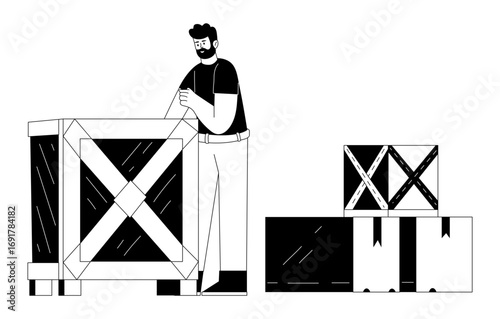 A hand drawn illustration showing a character packing crate 
