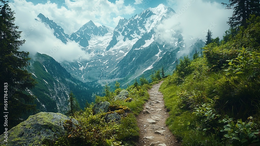 Obraz premium A picturesque mountain trail leads to a snowy glacier peak