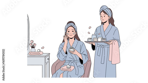 Young woman applying makeup with a brush to her cheek while sitting at a table with cosmetics and a mirror in a simple black and white illustration style