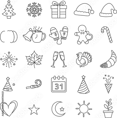 A curated collection of festive and seasonal line art icons. A diverse selection of winter and autumn holiday symbols in minimalistic outline style, perfectly suitable for design. 