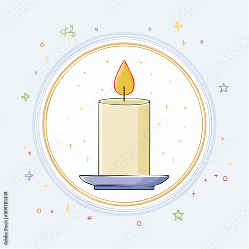 Vector Illustration of a Lit Candle with Flame and Circular Border, Ideal for Holiday Designs