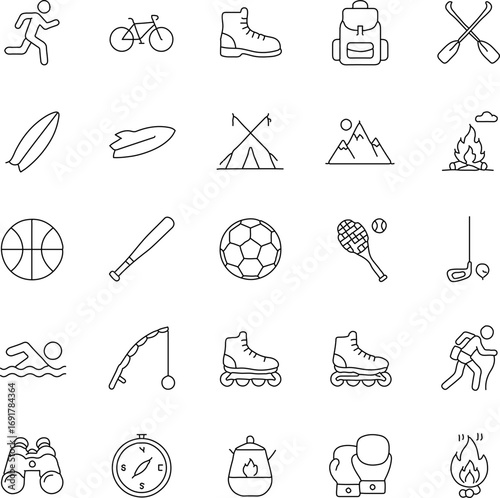 An organized assembly of line art illustrations depicting outdoor activities, leisure, and recreational pursuits, perfect for thematic designs.