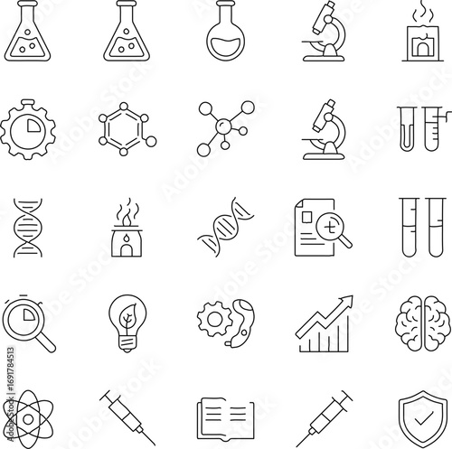 A set of detailed, clean science icons for science. These illustrations depict laboratory flasks, microscopes, test tubes, and other scientific elements, highlighting research and study.