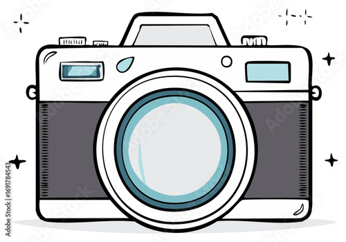 Hand drawn illustration of a retro camera with a lens and design elements