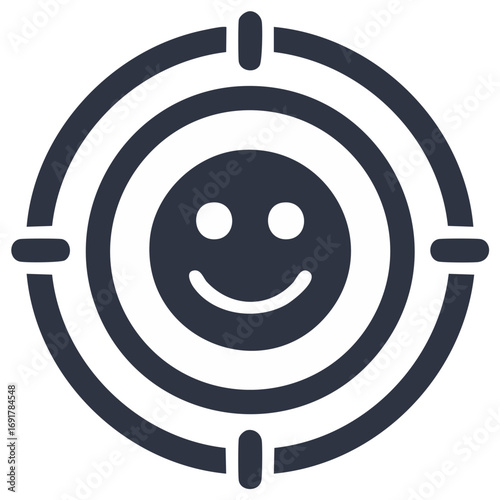 Happy smiley face icon within a target crosshair symbol representing focus on positive emotions and goals