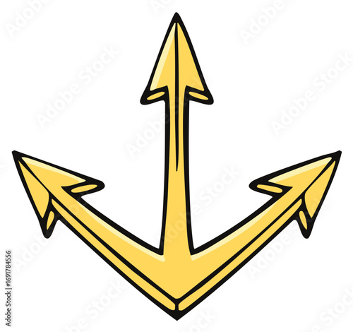 Bright yellow illustrative symbol featuring three distinct arrows pointing upwards and outwards representing multiple directions and options