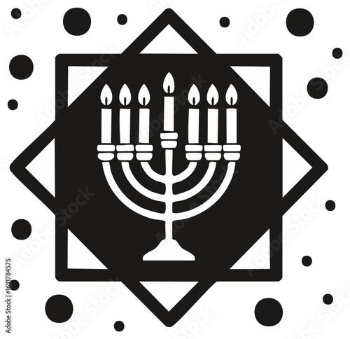 Hanukkah Menorah with Candles Inside Star of David Black and White Icon