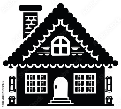 Charming gingerbread house silhouette vector icon for Christmas and holiday themes. A whimsical fairytale cottage illustration.