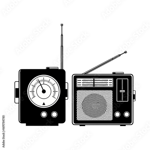 Vintage black and white illustration of two retro radios, one with a dial and antenna, the other with a speaker grille and controls