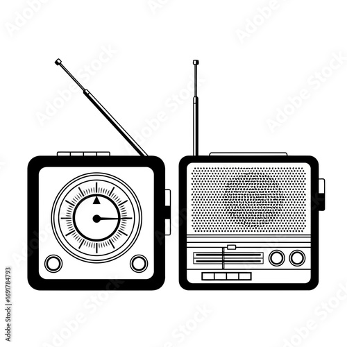 Vintage radio with antenna and speaker, retro technology illustration, black and white graphic