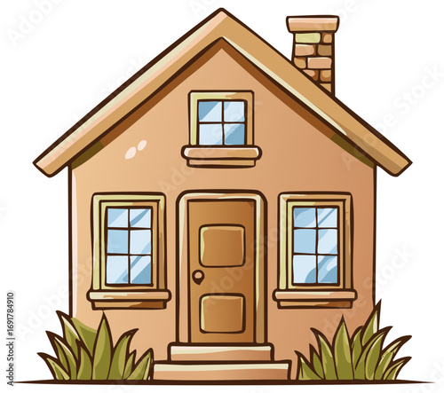 Cute cartoon house illustration with windows, door and chimney. Simple residential building with grass around.