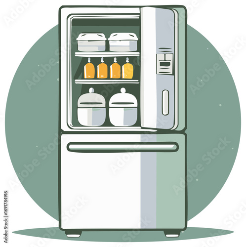 Modern Refrigerator with Open Door Revealing Organized Food Containers and Bottles Illustration