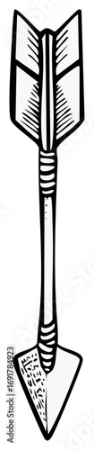 Hand Drawn Arrow Clip Art: Tribal Archery Element with Shaft, Fletching and Arrowhead in Bold Sketch