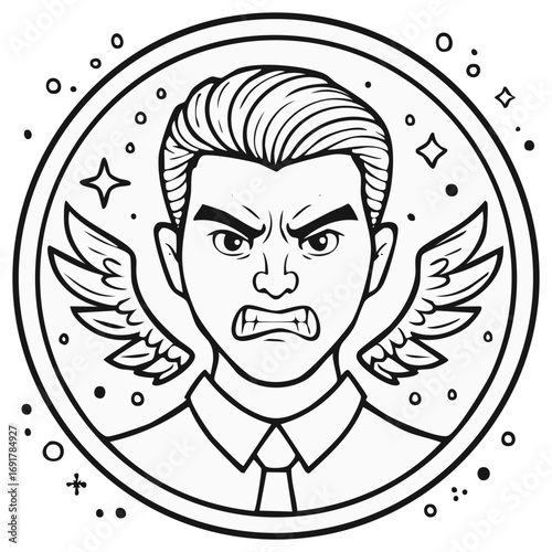 Angry Man Vector with Wings in Circle Shape Outline Illustration Line Art