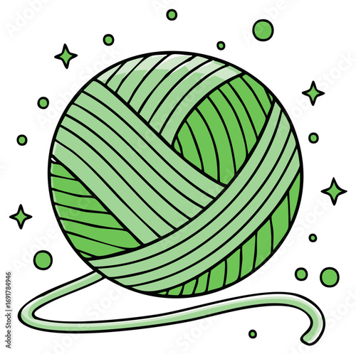 Cartoon Green Yarn Ball Illustration with Stars and Dots for Knitting and Crafting Projects
