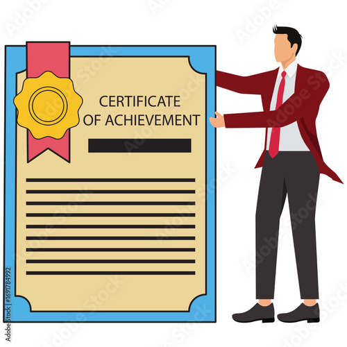 A man presenting a certificate of achievement with a seal and ribbon isolated on white background represents recognition, award, and accomplishment
