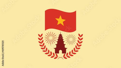 Vietnam National Emblem Flag Pagoda Symbol Laurel Wreath Design Vector