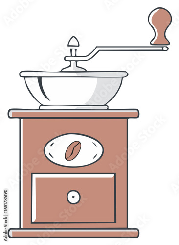 Classic wooden hand crank coffee grinder mill illustration with bean logo