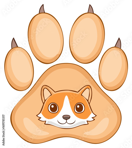Cute cartoon dog face inside a playful animal paw print illustration for pet lovers