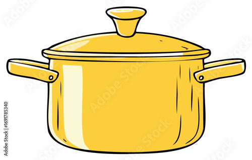 Shiny yellow cooking stockpot with lid and handles cartoon vector graphic