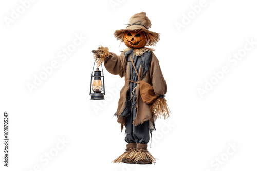 A Halloween scarecrow holding a lantern in one hand, isolated on a transparent background.