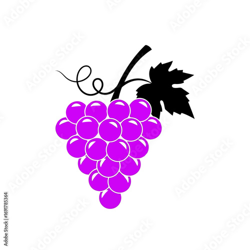 Vibrant purple grape cluster with a green stem and leaf, rendered in a clean, flat silhouette style on a