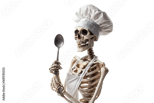 A Halloween skeleton chef wearing a hat and holding a spoon, isolated on a transparent background.