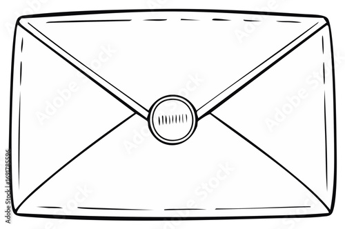 Hand-drawn envelope illustration with a seal. Black and white sketch.