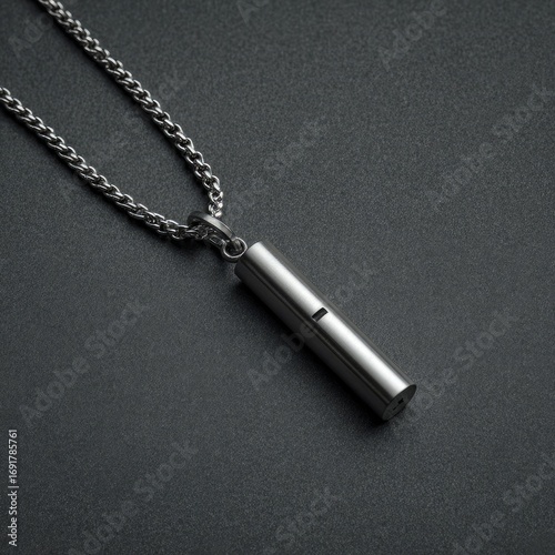 Sleek, silver pendant necklace.  A simple, cylindrical pendant hangs from a chain