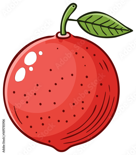 Cartoon grapefruit with leaf, red citrus fruit with stem and speckles, healthy natural food