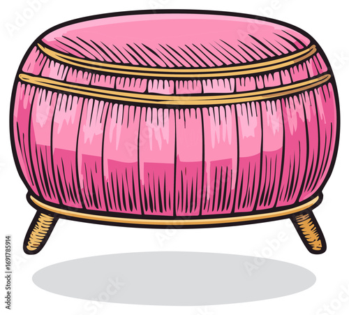 Charming pink upholstered round ottoman or stool with elegant decorative gold accents