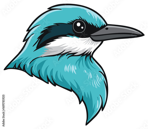 Cartoon illustration of a colorful bird head with detailed feathers