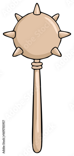 Illustration of medieval bludgeon with spiky sphere and wooden handle weapon