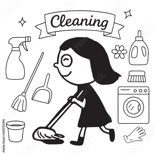 Cleaning Illustration with Girl and Supplies