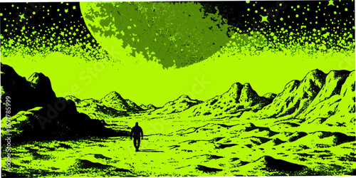 Lone figure walks across a desolate alien planet landscape under a large moon and starry sky