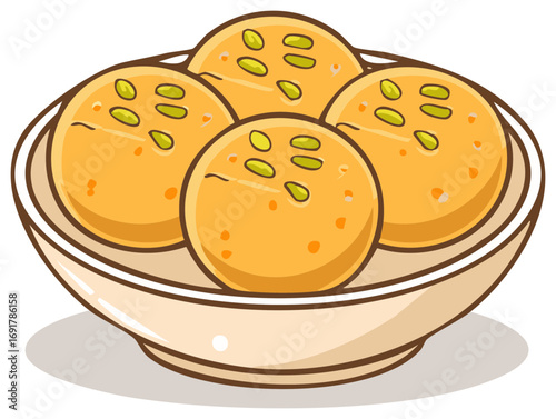 Traditional Indian Besan Ladoo sweets with pistachio garnish cartoon illustration