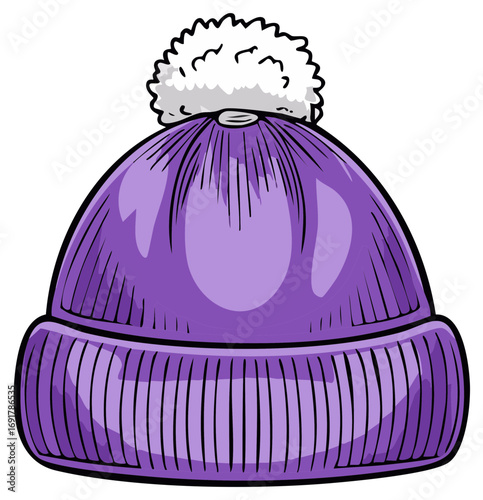 Cartoon illustration of a winter beanie hat in purple with pom pom