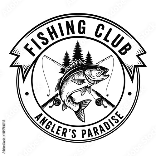 A classic black and white vector emblem for a fishing club, showcasing a leaping fish, crossed fishing rods, and forest trees.