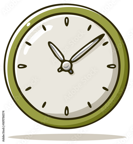 Cartoon style green clock illustration with hands pointing at ten past two o'clock