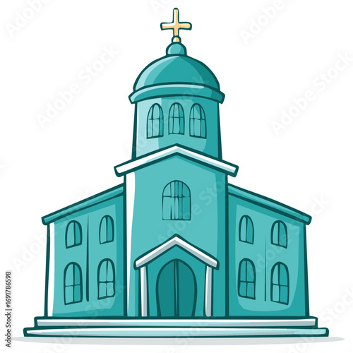 Stylized Teal Colored Church Building with a Dome and Cross Illustration