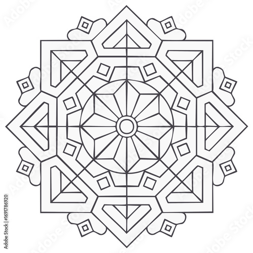 Intricate geometric pattern in a symmetrical mandala design with radial lines and square shapes
