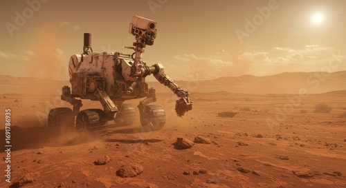 Robotic Mars Rover Exploring Red Desert Landscape Under Bright Sun