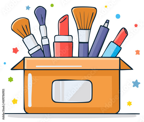 Cartoon illustration of a makeup organizer box full of cosmetics like lipstick and brushes