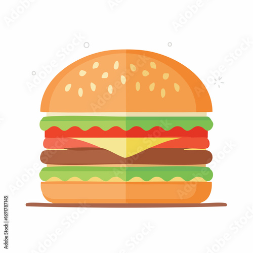 Flat design icon of a tasty double cheeseburger with lettuce and tomato. A classic representation of American fast food cuisine isolated on white