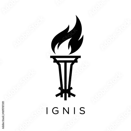A modern black and white logo featuring a geometric torch with a burning flame above the name IGNIS.