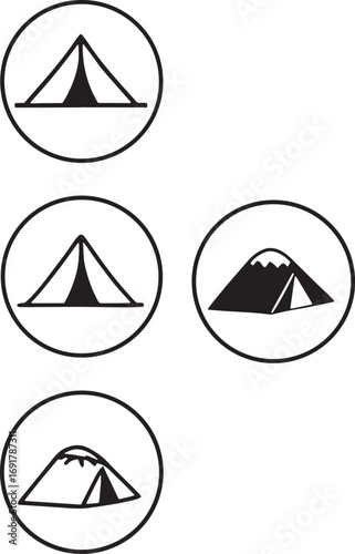 Camping tent icons set – line and solid style outdoor adventure symbols