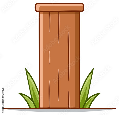 Simple cartoon wooden post or log with green grass blades vector illustration