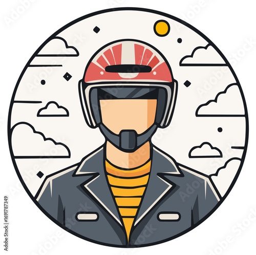 Stylish person wearing a helmet and jacket against a cloudy sky background