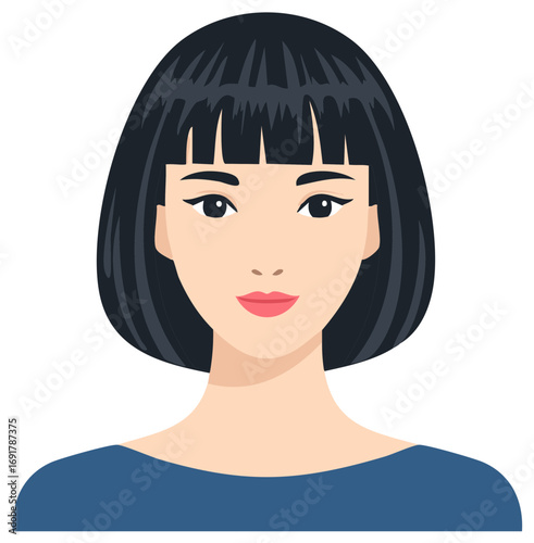 Stylized Portrait of a Young Asian Woman with Bob Haircut and Blue Dress, Clean Vector Illustration, Cartoon style character