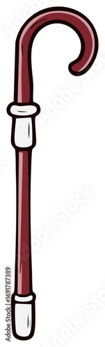 Walking stick illustration, maroon cane with white details, cartoon style, isolated.